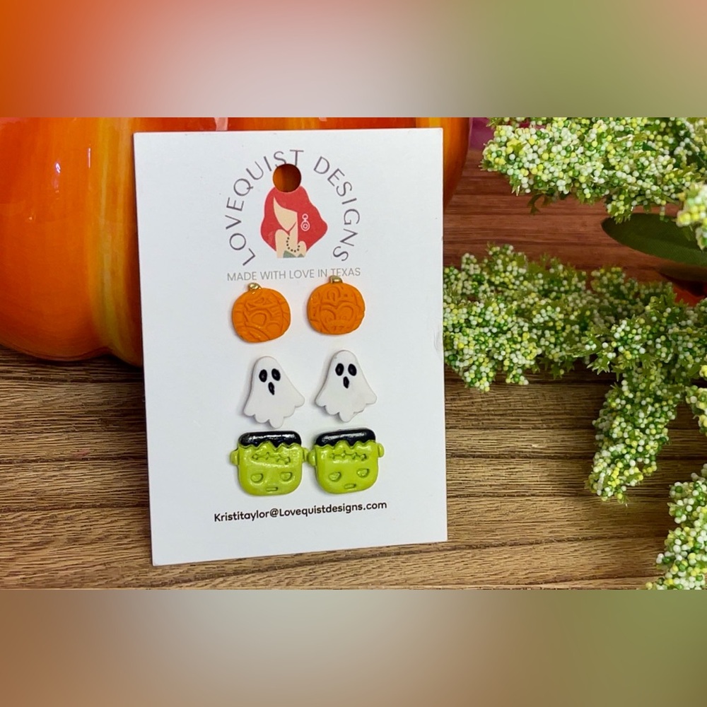 Artisan Crafted Halloween Ghost Pumpkin Earring Stud Trio